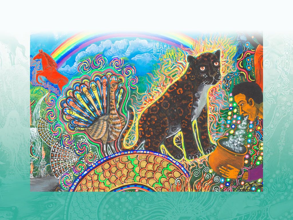 Lebhaftes, farbiges Gemälde mit Regenbogen, Tieren, Menschen, Geistwesen, Sternen und glitzernden Kugeln, drum herum ein Rahmen, der im unteren Teil türkis ist und im oberen weiss.