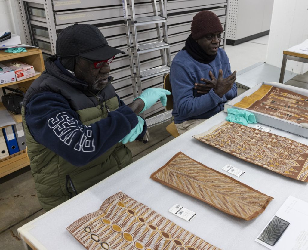 Auf einem weissen Tisch liegen vier rechteckige Bilder, die Pflanzenmotive zeigen. Zwischen ihnen und oberhalb liegen weisse Zettel respektive Karteikarten. Zwei Männer sitzen am Tisch und erklären etwas mit ihren Händen. Der eine trägt grüne Handschuhe. Beide Männer sind dick eingemummelt und tragen Mützen.