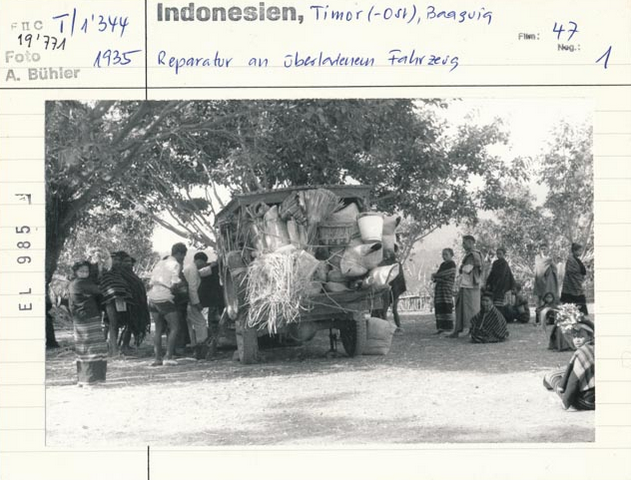 Eine Gruppe von Menschen versammelt sich um einen mit Waren beladenen Wagen im Schatten von Bäumen